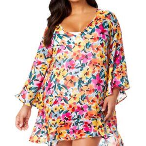 Anne Cole Gradient Floral Flounce V-Neck Tunic Swimsuit Cover-Up | Size 14-16